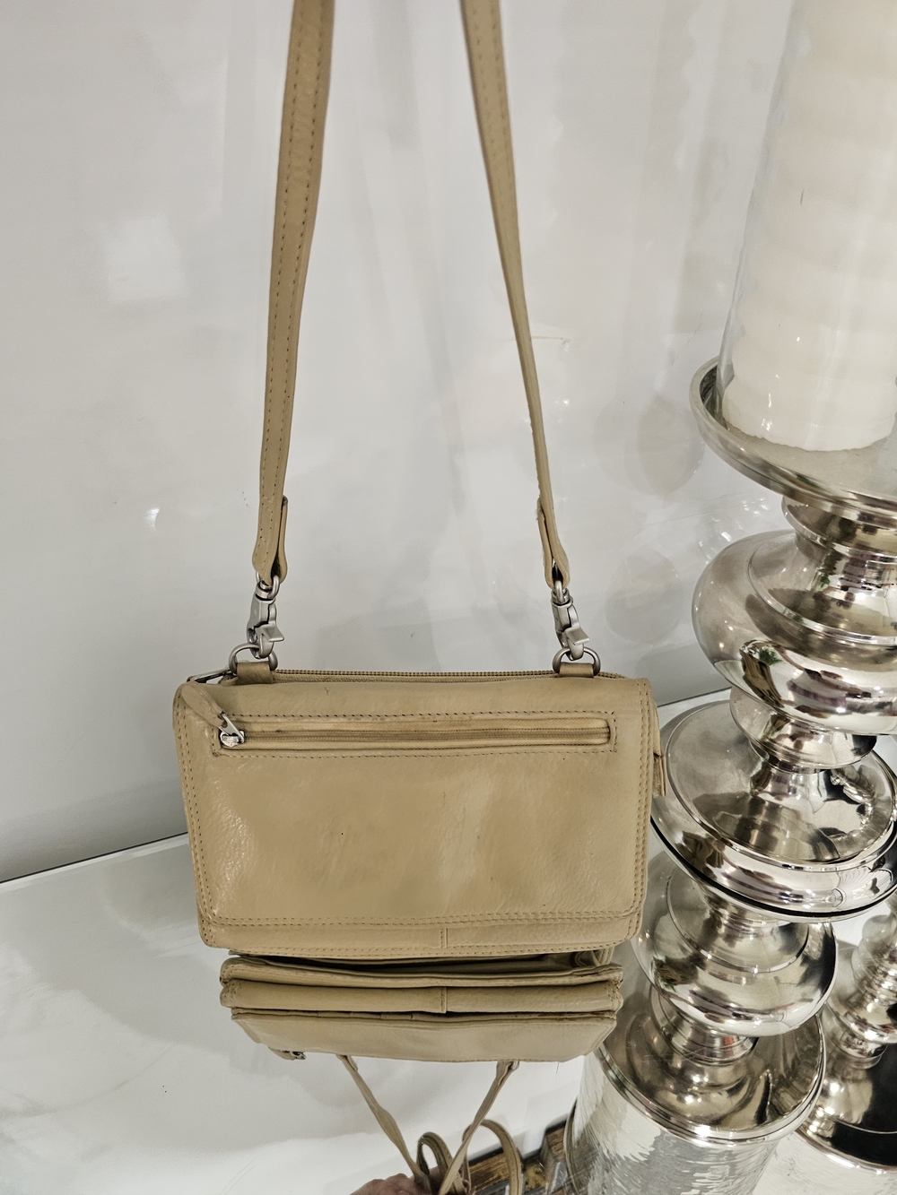 Beige Leather Crossbody Bag - Brand Unspecified